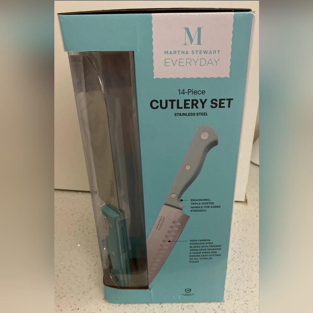 Martha Stewart, 14 Pc - Stainless Steel Cutlery Knife Set w Wood Block (Blue)